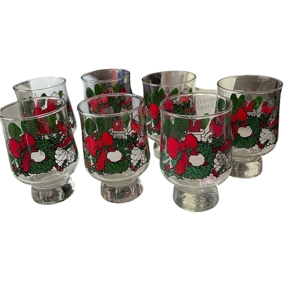 Other - Christmas Low Ball Thick footed Glasses Holly Red ribbon Wreath candles green